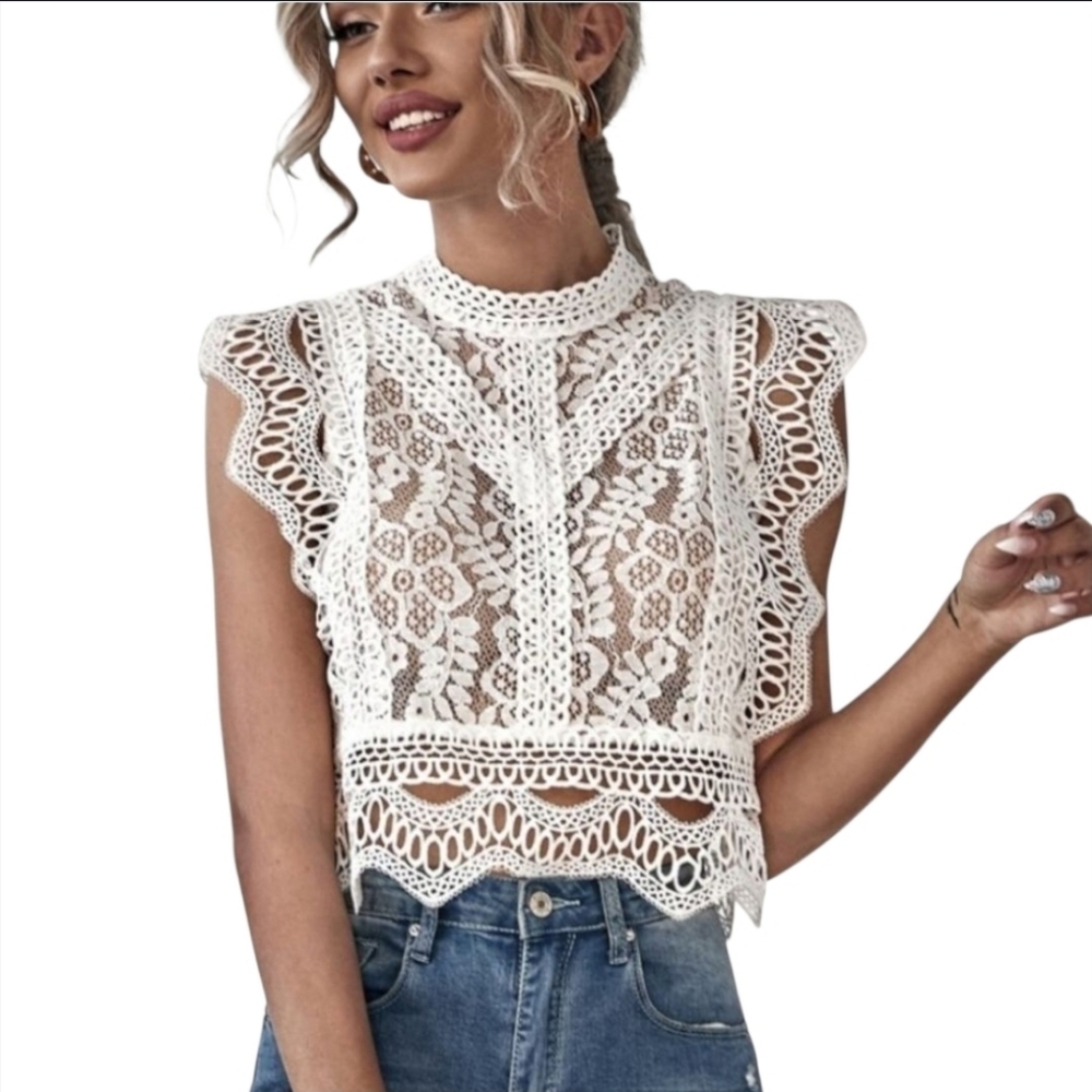 Feminine See Through White Lace Coquette Style Top Women's L - Picture 1 of 10